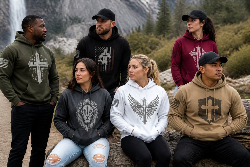 A diverse group of people wearing different faith-based tactical hoodies in everyday settings, one person at a coffee shop with natural morning light, another outdoors in urban environment, showing real-life styling and how the hoodies look on different body types and ages