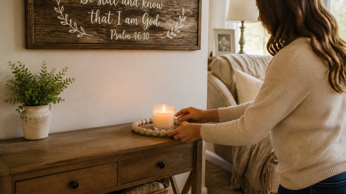 A cozy, sunlit living room styled with a wooden scripture sign above a console table, a soft throw blanket draped over an armchair, and a lit candle, photographed in warm natural light