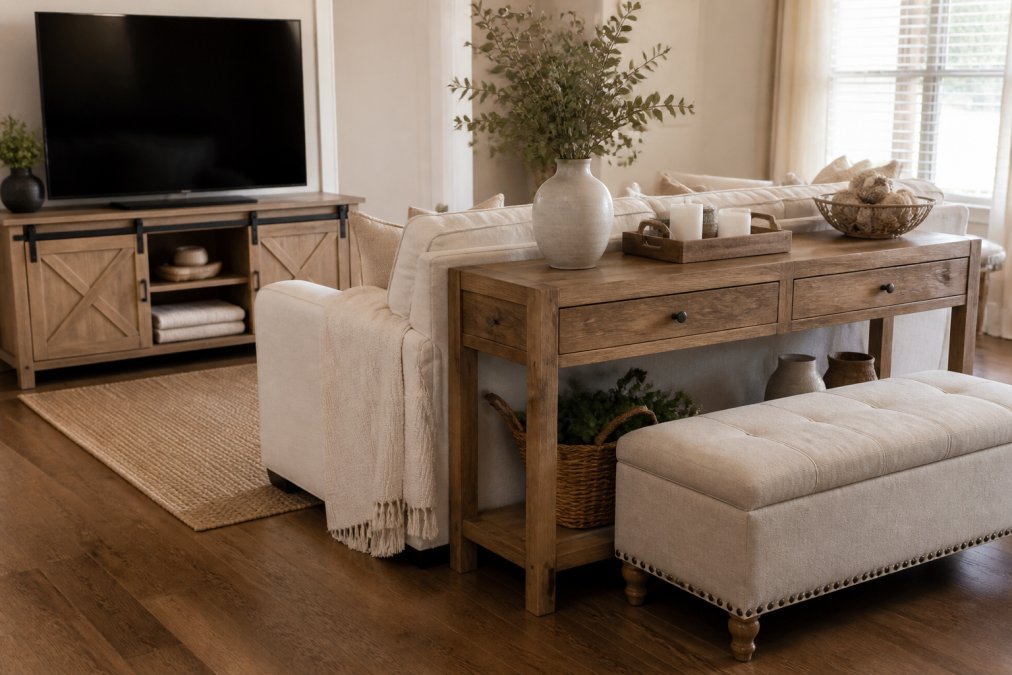 Cozy farmhouse living room with a rustic oak TV stand featuring sliding barn doors, a console table behind a sofa with neutral decor, and a storage bench with linen upholstery, all arranged to show how budget pieces coordinate into a warm, unified design