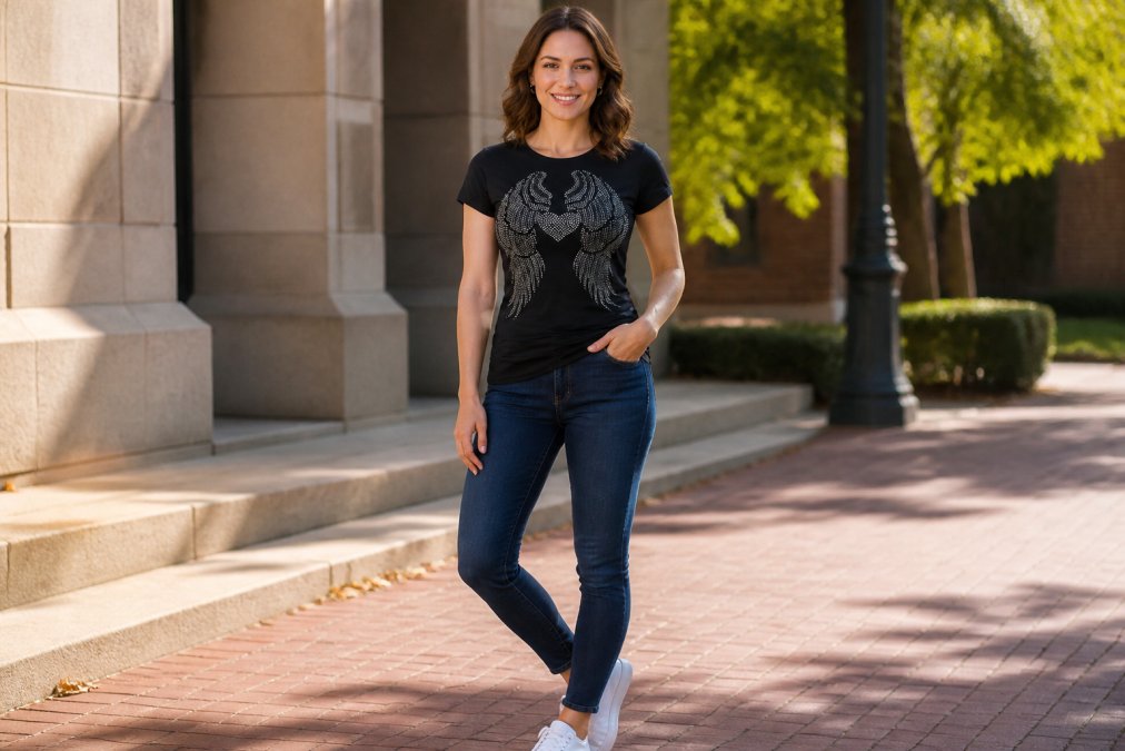 Woman wearing a rhinestone embellished graphic tee styled casually with fitted jeans and white sneakers, standing outdoors in natural afternoon sunlight with confident posture