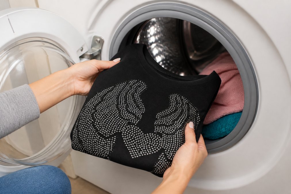Woman's hands gently placing a rhinestone embellished tee into a washing machine drum, showing proper care handling with soft fabric visible
