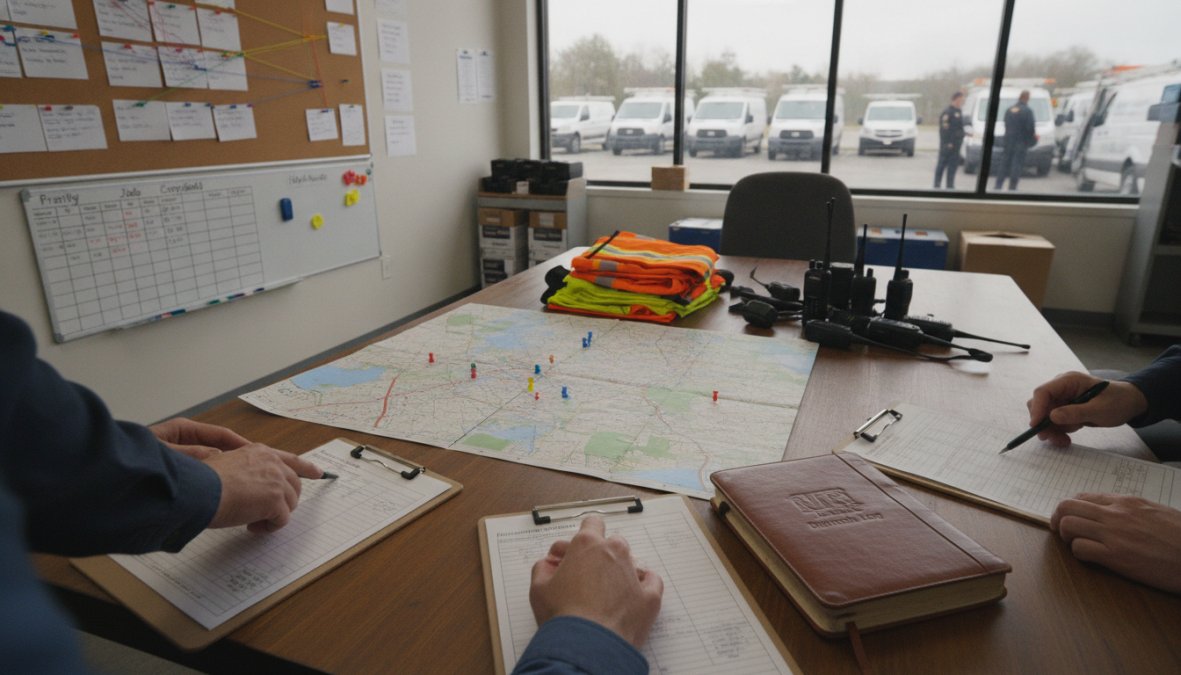 Dispatch manager monitoring technicians on a laptop and mobile device in a busy service office environment, with real-time location pins visible on the screen