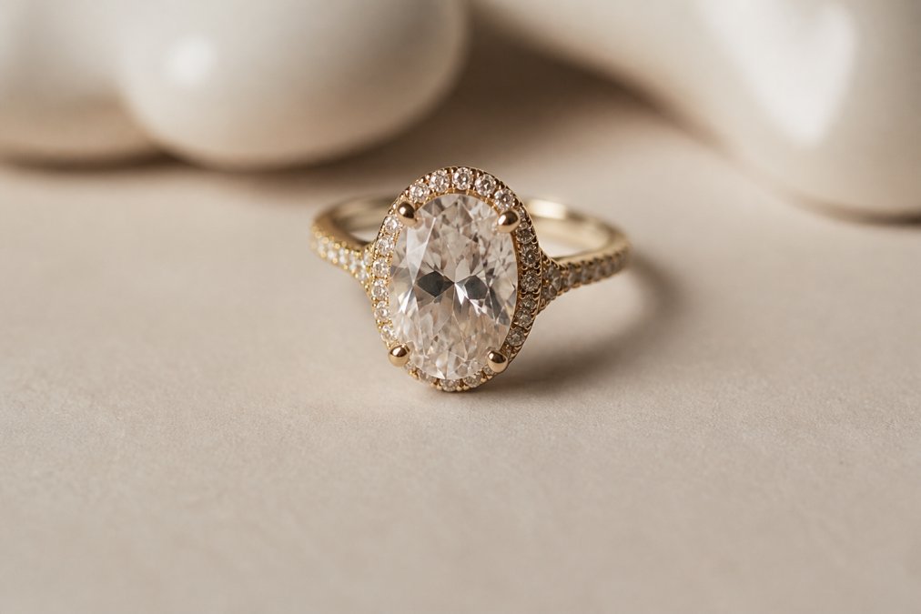 Close-up of fine jewellery piece displayed on neutral background with professional studio lighting, showcasing intricate gemstone facets and metalwork details