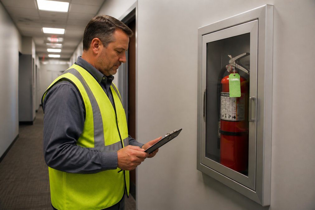 A facility manager in a commercial hallway inspecting a red fire extinguisher mounted in a recessed aluminum cabinet with a clear glass front, fluorescent lighting overhead