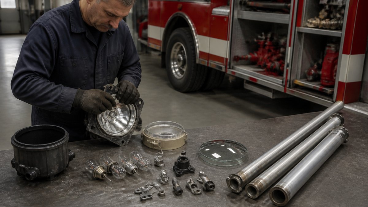 A fire department mechanic in work gloves and a shop uniform inspecting a disassembled FRC scene light head on a workbench, with replacement bulbs, tempered glass lenses, and pole sections laid out beside the housing in a well-lit apparatus bay