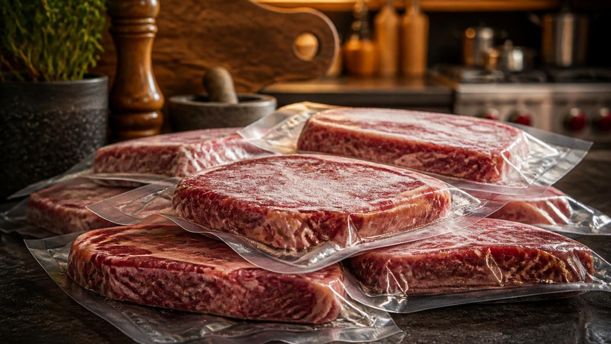 Close-up of premium frozen steak cuts in vacuum-sealed packaging on a kitchen counter with ice crystals visible, showing portion-controlled portions ready for storage