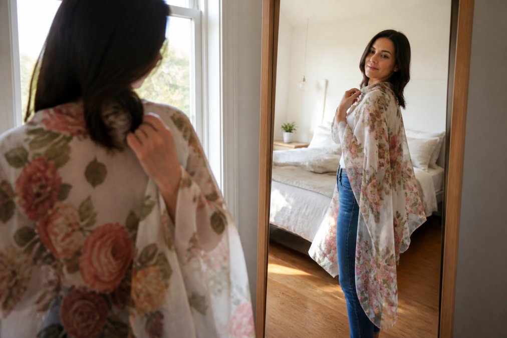A woman adjusting a flowing floral shawl in a mirror in a sunlit bedroom with neutral linen bedding.