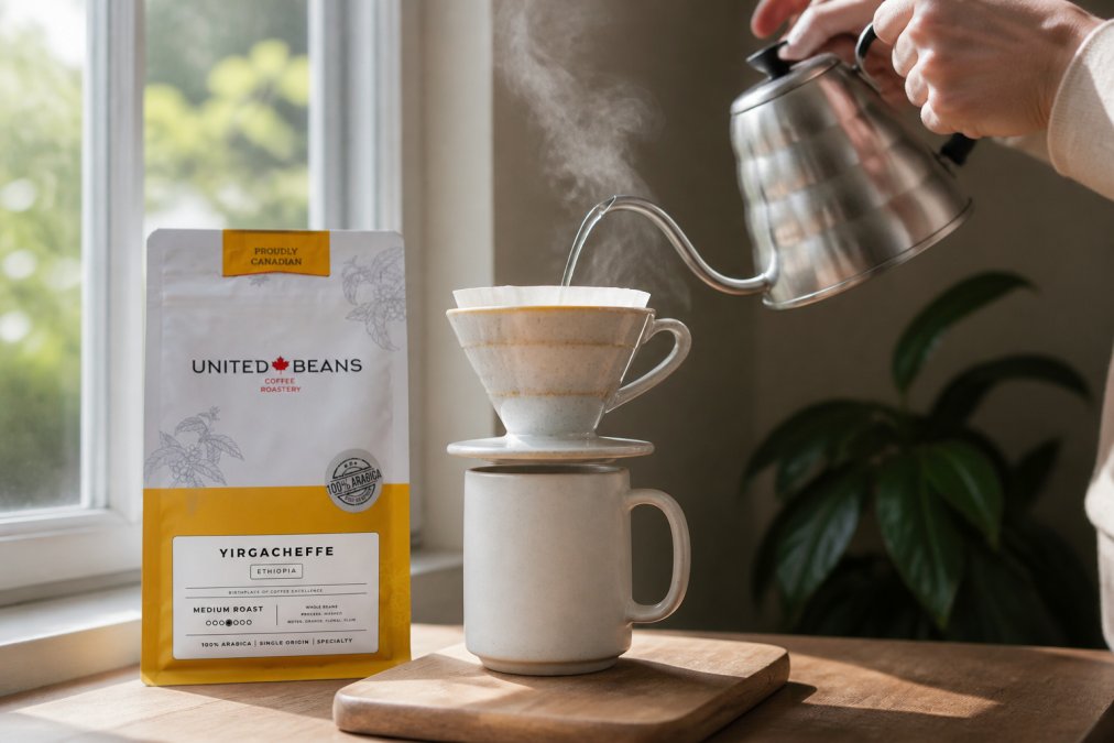 Hands pouring hot water over light roast coffee grounds in a ceramic pour-over dripper, with steam rising visibly and a white ceramic mug positioned directly below to catch the brew, photographed in natural morning light from a window