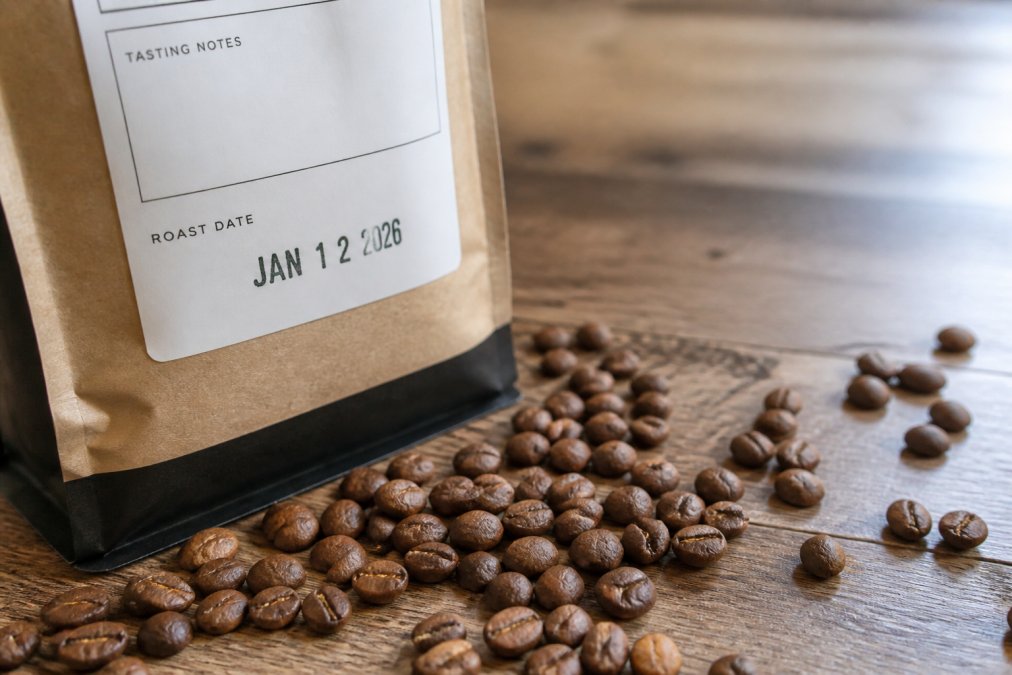 Close-up of a coffee bag label showing a stamped roast date, with whole roasted coffee beans scattered on a wooden countertop nearby
