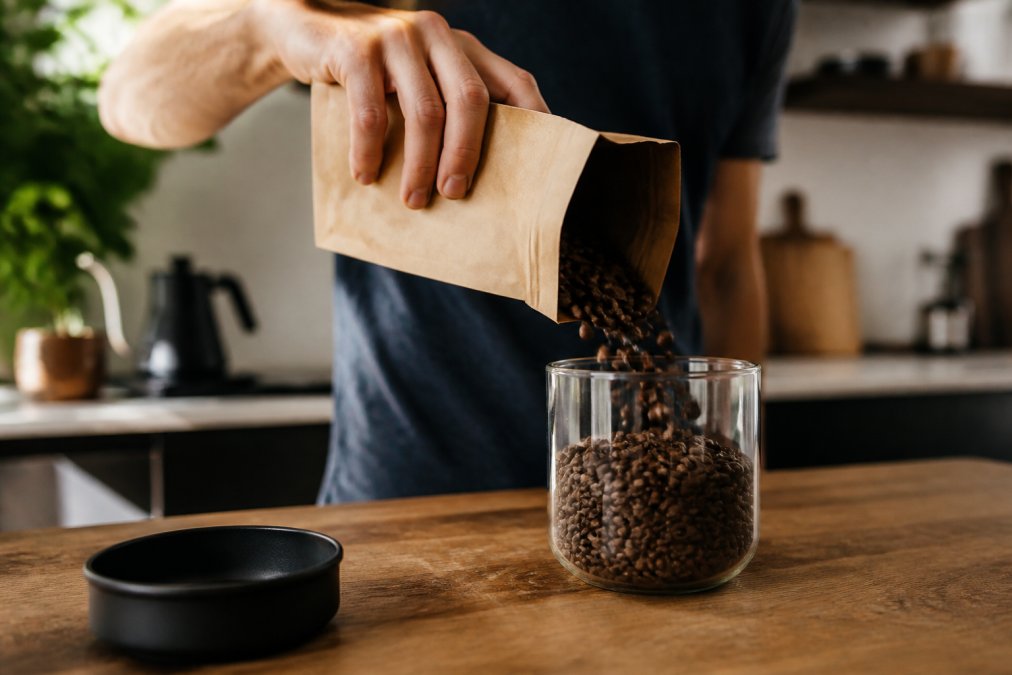 Close-up of a hand pouring whole coffee beans from a kraft paper bag with a visible roast date stamp into a glass container, warm natural light in a home kitchen setting