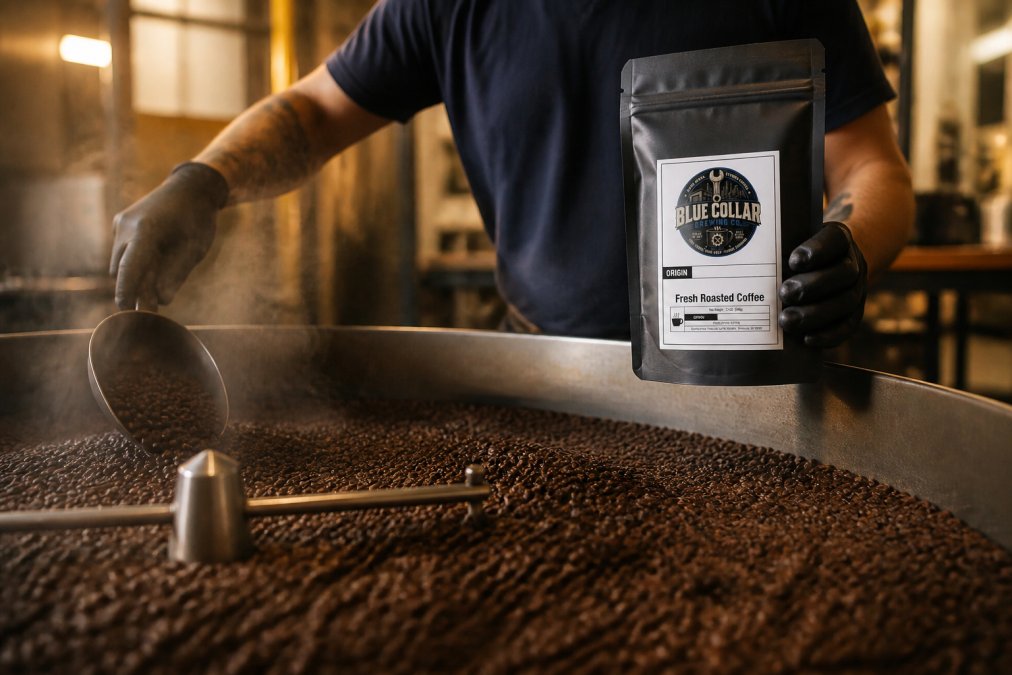Close-up of freshly roasted whole bean coffee cooling on a flat roasting tray, steam rising gently, warm amber lighting highlighting the rich brown texture and varied tones of the beans