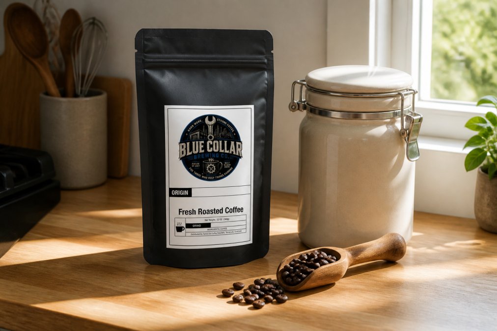 A sealed matte black coffee bag with a one-way degassing valve sitting on a wooden kitchen counter next to a ceramic airtight canister and a small wooden scoop of whole beans, warm natural light from a nearby window