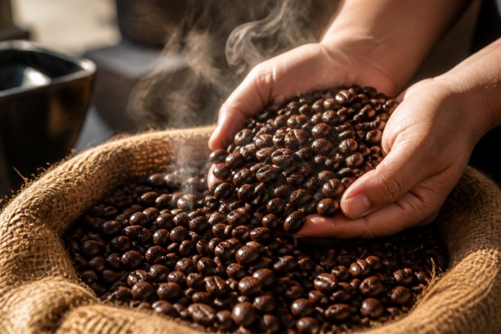Close-up of freshly roasted coffee beans in a burlap sack with visible steam rising, hands holding a handful of glossy beans with rich brown color, natural morning sunlight streaming across the scene