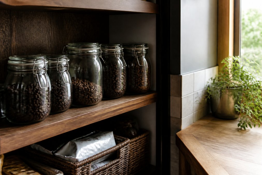 Coffee beans stored in airtight glass jars on a cool kitchen shelf in a dark pantry, organized storage setup with multiple sealed containers, natural indirect lighting from a nearby window