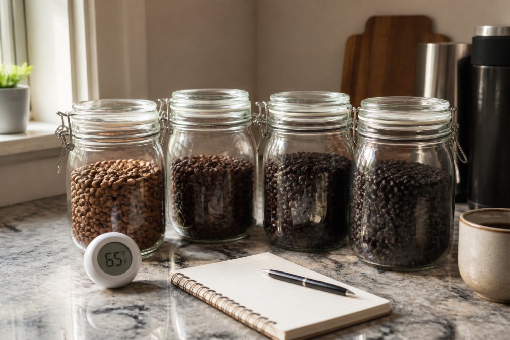 Organized kitchen counter with multiple airtight glass jars filled with whole coffee beans at different roast levels, a small thermometer reading 65°F, and a small notebook recording roast dates, bathed in soft natural window light