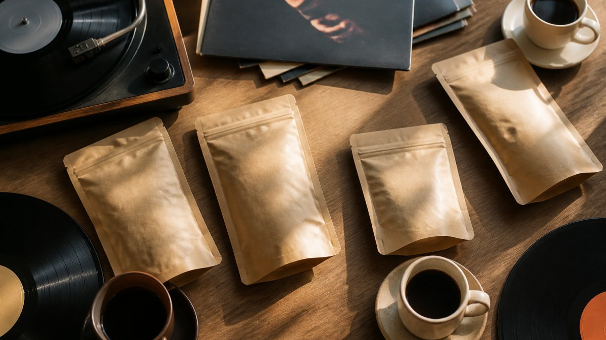 Overhead flat lay of several kraft coffee bags with vinyl records and a turntable in warm afternoon light, cups of black coffee beside them