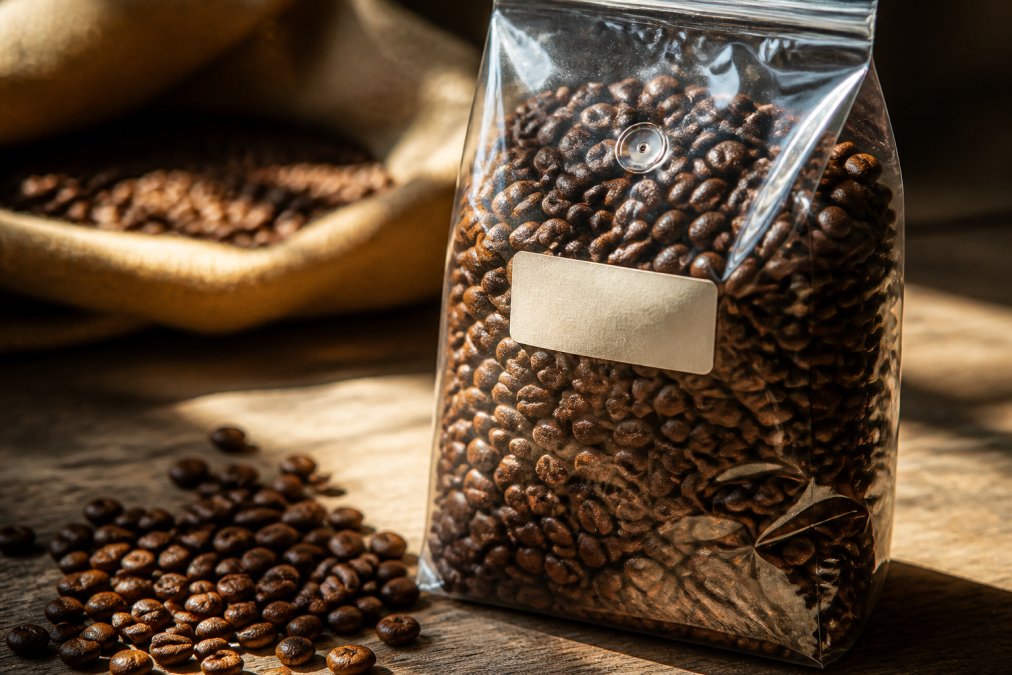 Close-up of freshly roasted coffee beans in a clear bag with visible roast date label, sunlight streaming across the beans to highlight their rich color and sheen