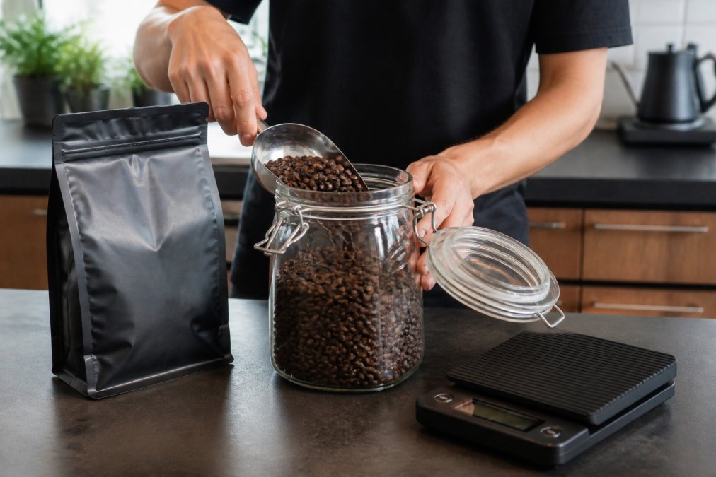A person scooping whole bean coffee from a clear glass airtight jar on a kitchen counter, with a bag of coffee beans and a digital scale nearby