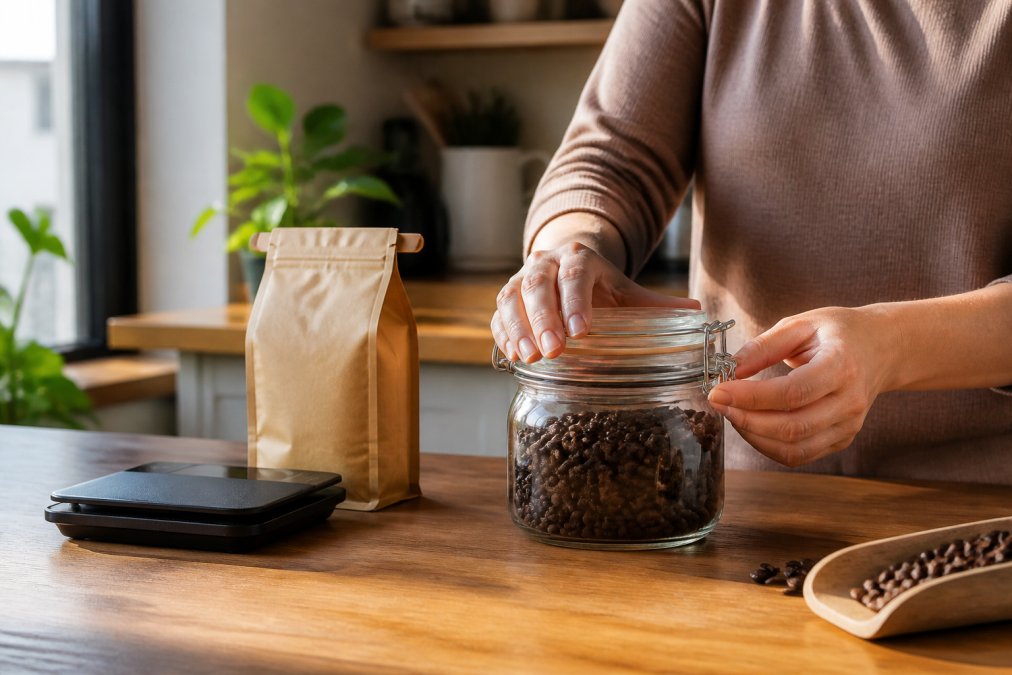 Person sealing freshly roasted coffee beans into an airtight glass storage jar on a kitchen counter.