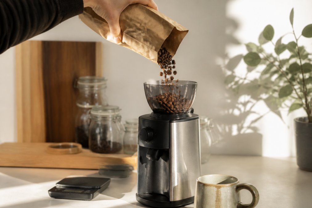 Hand pouring freshly roasted coffee beans into a burr grinder on a sunlit kitchen counter near a digital scale.