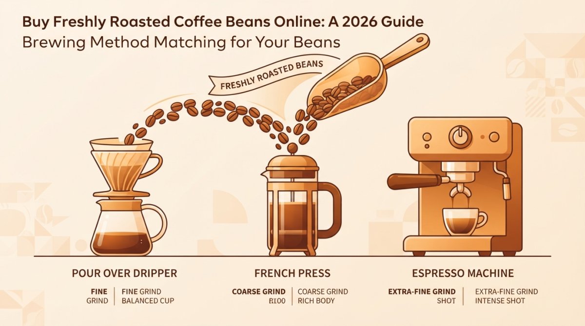 Close-up of freshly roasted coffee beans being poured into different brewing equipment, pour over dripper, French press, and espresso machine, showing the variety of brewing methods