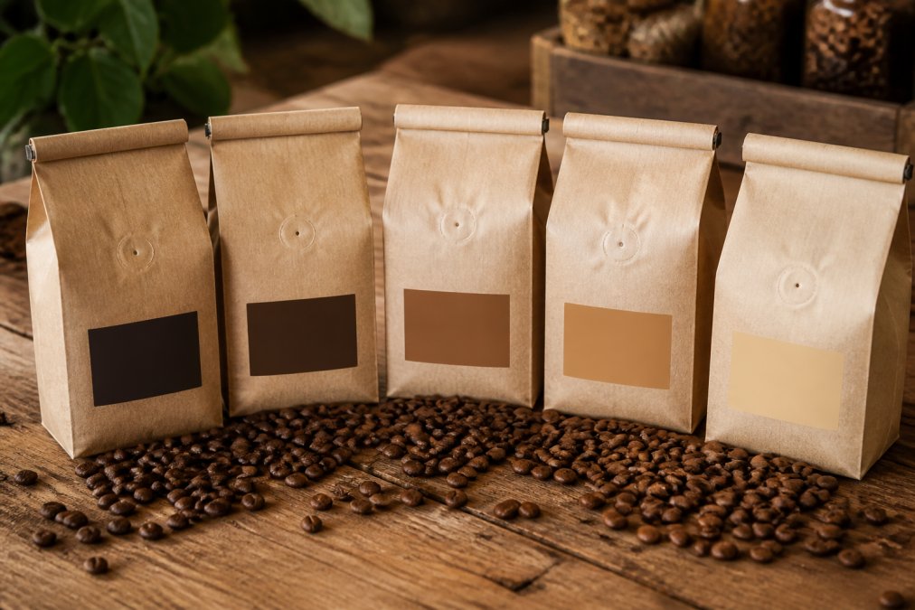 Close-up of several small kraft coffee bags arranged on a wooden surface, each labeled with a different roast level, with whole arabica beans scattered around them