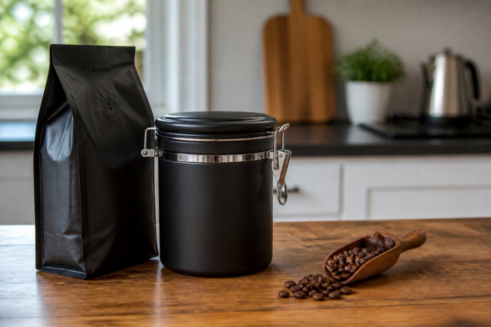 A sealed airtight coffee canister on a kitchen counter next to a bag of whole bean coffee, with soft natural light and a clean, minimal background