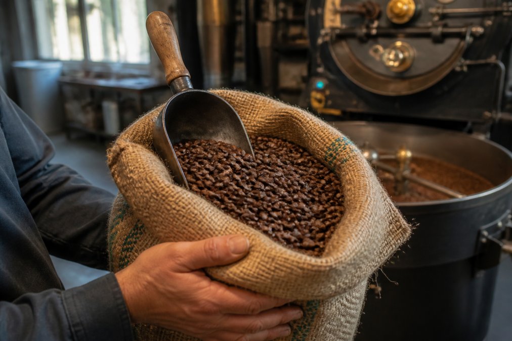 Close-up of a hand holding a burlap coffee bag filled with freshly roasted whole beans, a wooden scoop resting inside, set against a softly blurred roastery background with warm natural light