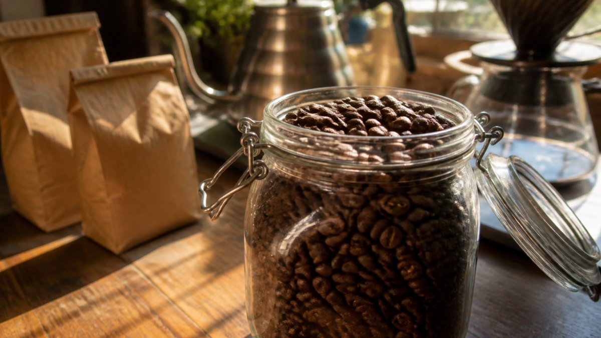 Close-up of freshly roasted whole coffee beans in a clear glass jar with a visible roast date label on the side, morning sunlight streaming across creating rich amber tones in the beans