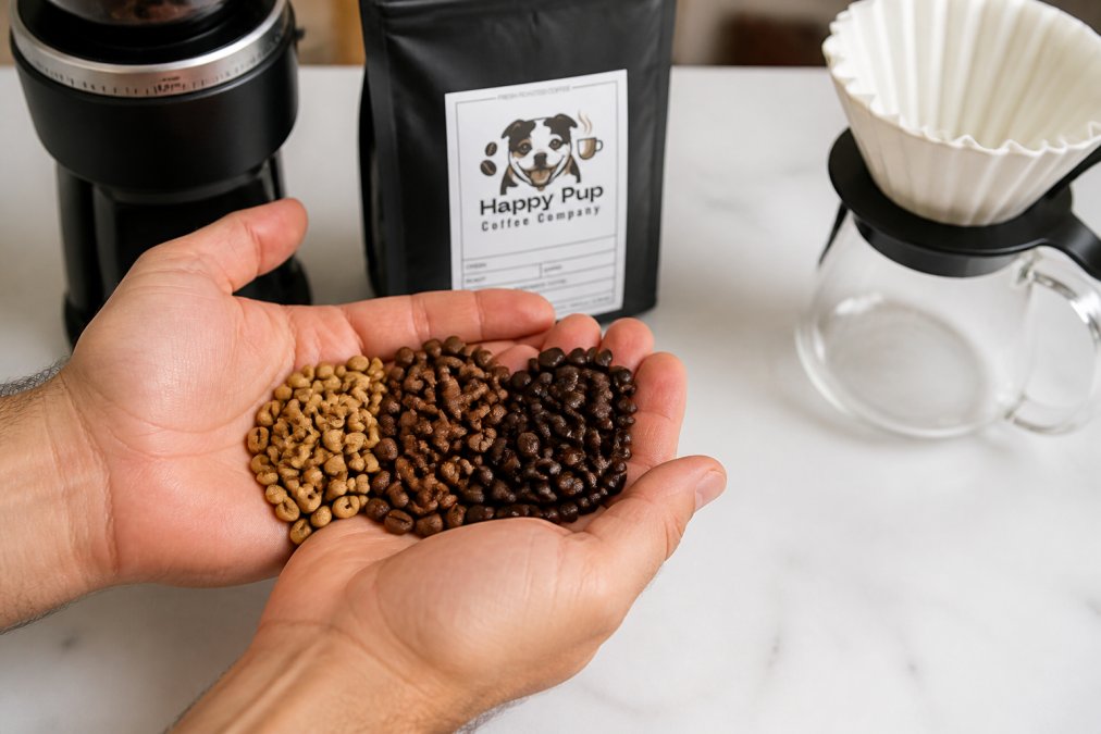 Close-up of hands holding whole coffee beans in various roast colors over a white surface, with a burr grinder and pour-over dripper visible in the background, showing the contrast between light, medium, and dark roasted beans
