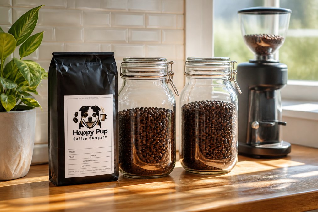 An organized kitchen counter with freshly roasted coffee bags stored in airtight glass containers, a roast date label clearly visible on one container, with soft morning sunlight streaming through a window and a coffee grinder nearby