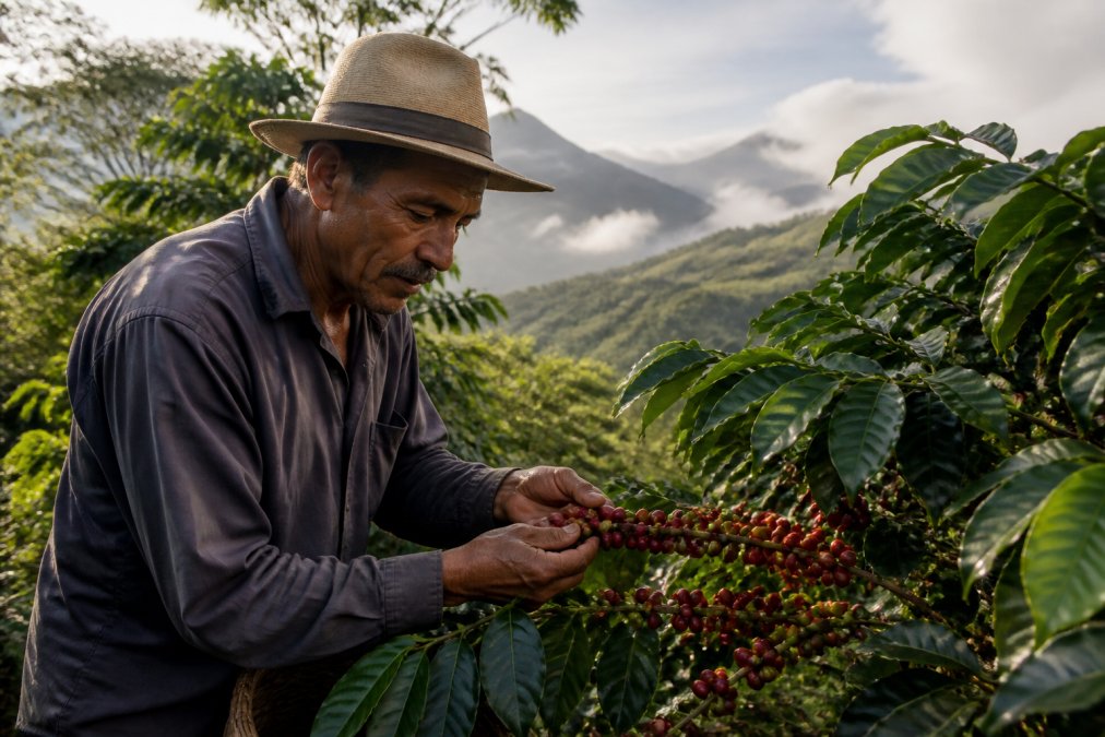 Coffee farmer in lush highland region carefully inspecting ripe coffee cherries on plants, with misty mountains visible in the background and morning light filtering through the canopy