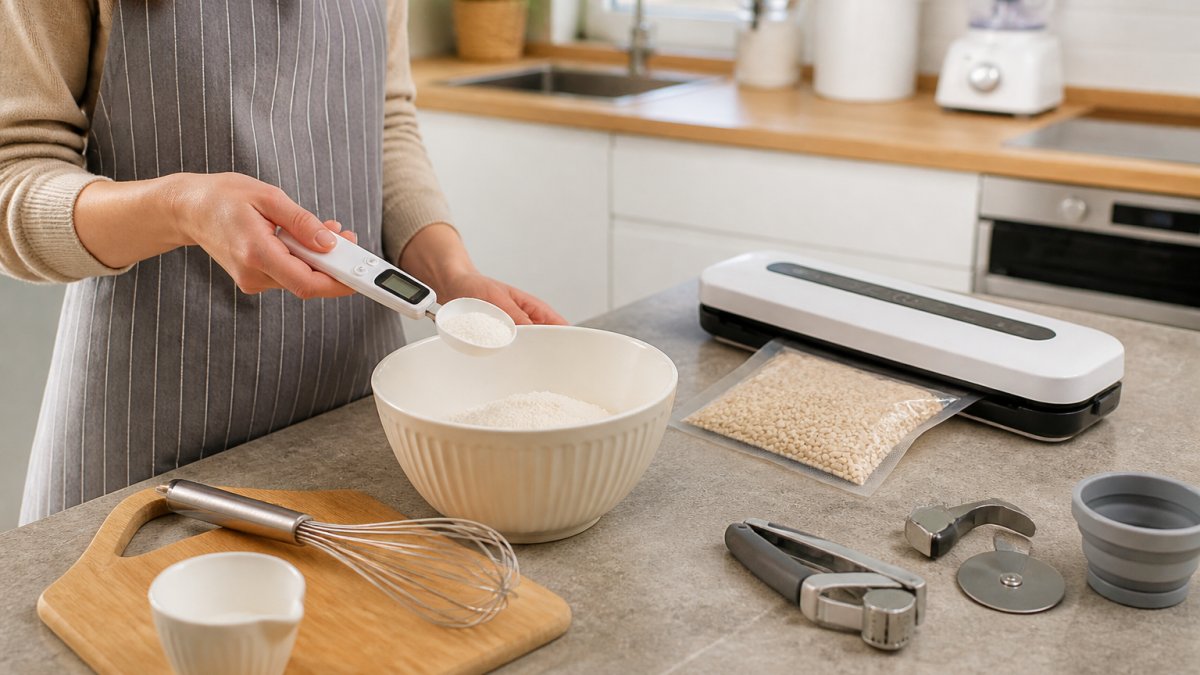 A hand using a digital measuring spoon over a mixing bowl on a tidy kitchen worktop, with a heat sealer and small kitchen tools visible nearby in a bright modern kitchen