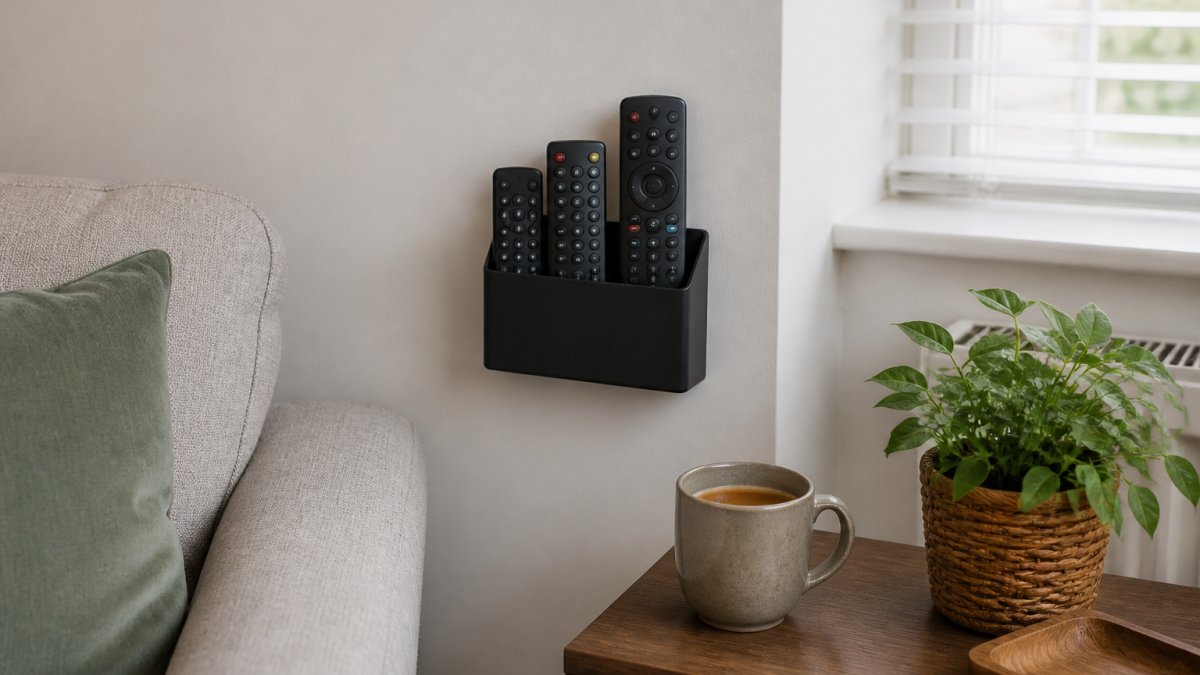 A tidy living room corner with a magnetic remote holder fixed to the wall beside a sofa, remotes slotted neatly in place, a mug of tea on a side table and soft daylight through the window