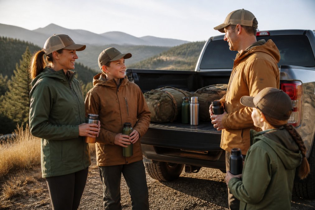 A family in outdoor jackets, trucker hats, and insulated bottles standing beside a pickup truck at a rural trailhead, morning light, gear bags on the tailgate