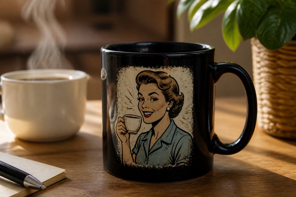 Close-up of a glossy black ceramic coffee mug with a vintage-style humorous illustration sitting on a wooden desk next to a steaming cup of coffee in warm morning light