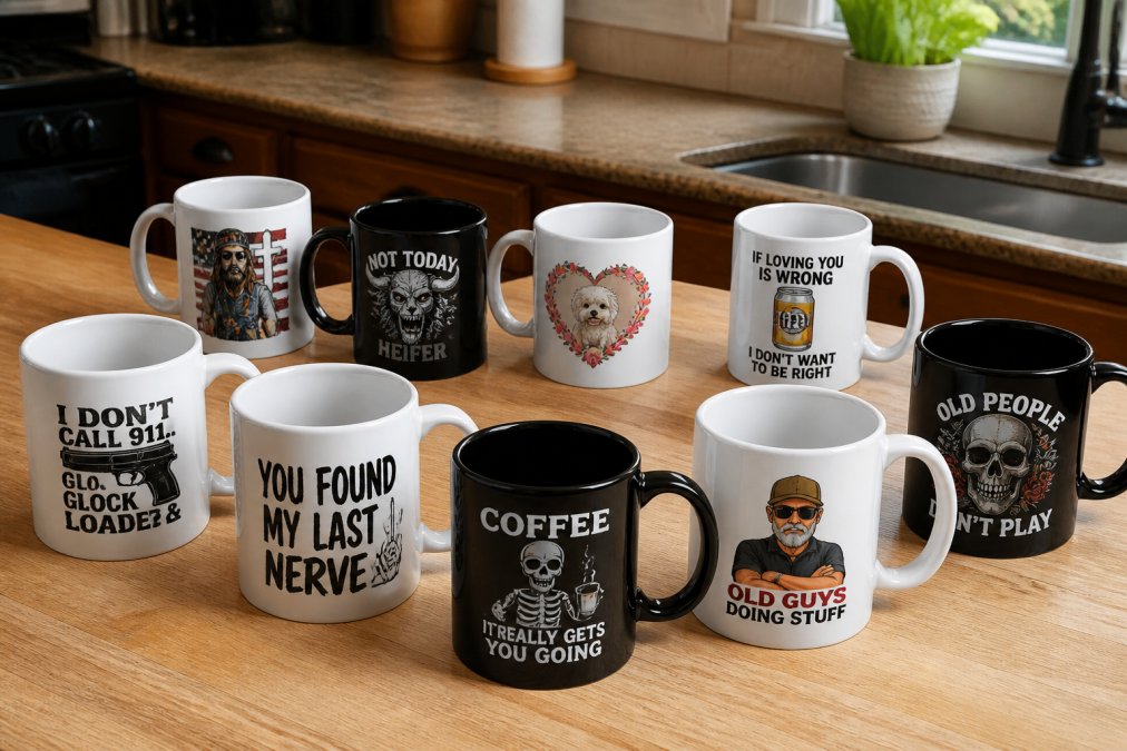 A colorful assortment of white and black ceramic novelty coffee mugs with bold illustrated designs arranged on a light wood countertop, photographed from slightly above in bright natural light