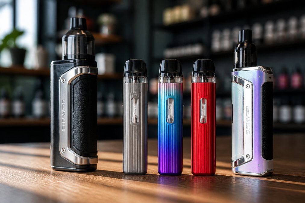 Close-up of GeekVape pod systems and starter kits displayed on a wooden counter, showing the Aegis U, Sonder Q, and Wenax Q models with their distinctive designs and metallic casings, natural daylight streaming across the devices