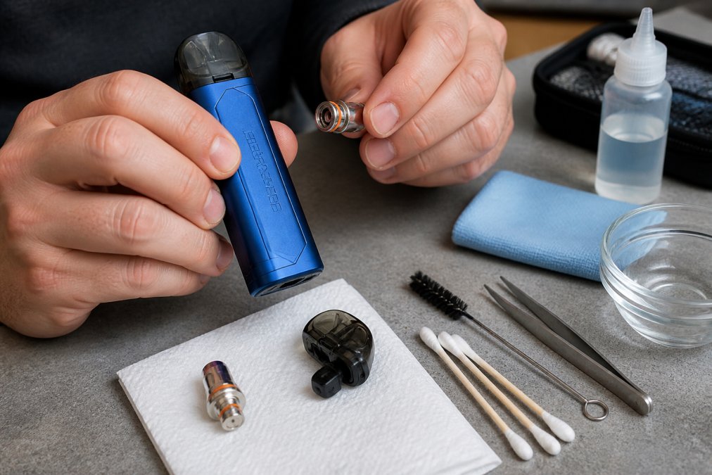 Hands holding a vape device with replacement coils, cleaning supplies, and a workspace visible, demonstrating proper maintenance care and organization