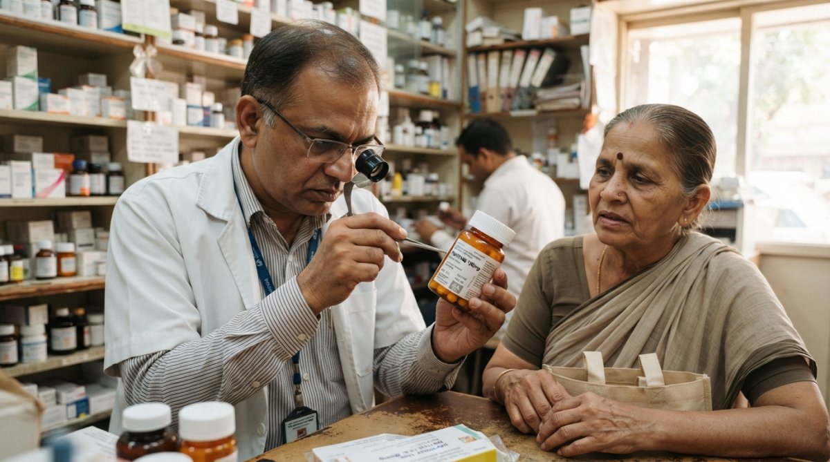 Pharmacist examining medication bottles and packaging closely under bright lighting, checking for authenticity markers and proper labeling