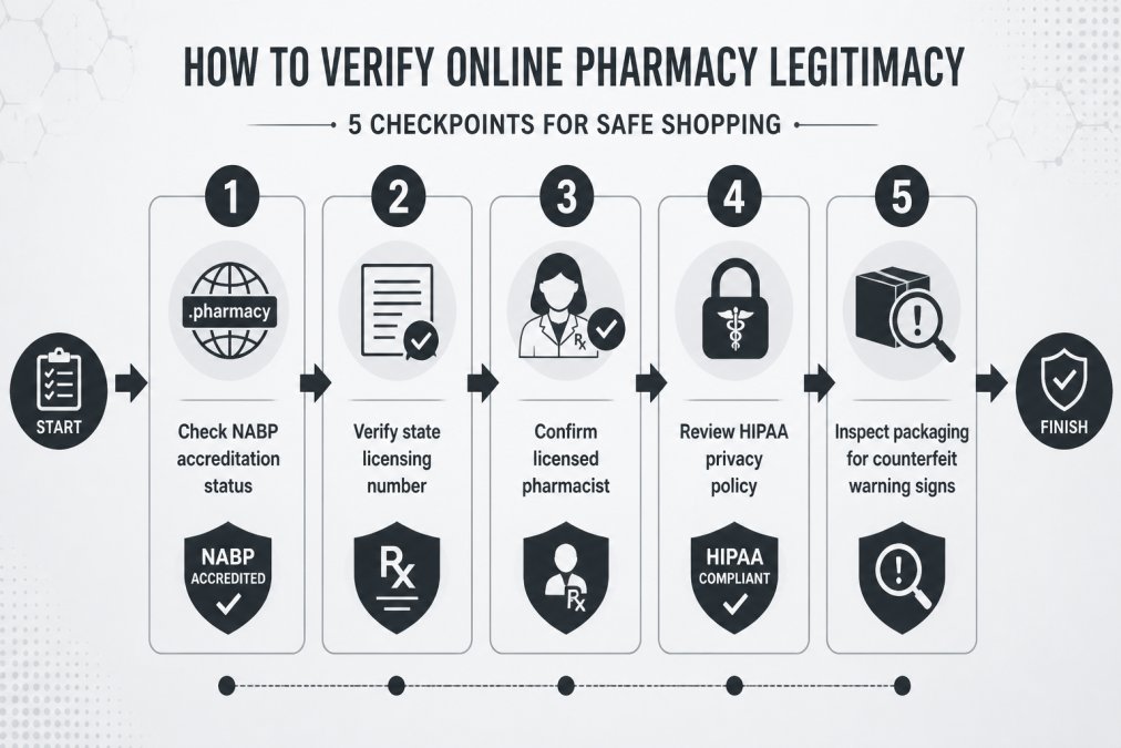 Flowchart showing verification process with 5 checkpoints: Check NABP accreditation status, Verify state licensing number, Confirm licensed pharmacist availability, Review HIPAA privacy policy, Inspect packaging for counterfeit warning signs