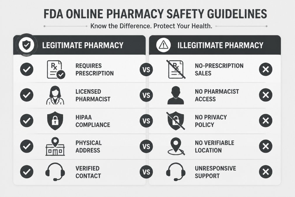 Comparison matrix showing legitimate vs. illegitimate pharmacy characteristics: Legitimate requires prescription/licensed pharmacist/HIPAA compliance/physical address/verified contact; Illegitimate offers no-prescription sales/no pharmacist access/no privacy policy/no verifiable location/unresponsive support