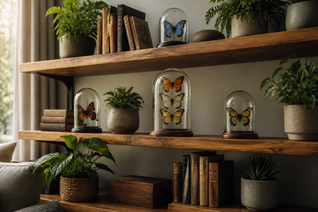 Carefully styled living room shelf displaying multiple glass dome butterfly displays alongside botanical potted plants, vintage books, and natural wood accents, with soft afternoon light highlighting the specimen colours and creating depth across the arrangement