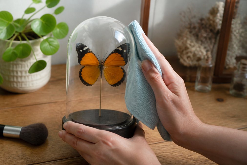 Close-up of hands gently wiping a glass dome with a soft microfibre cloth, showing proper maintenance technique with natural light illuminating the preserved butterfly specimen inside the protective glass