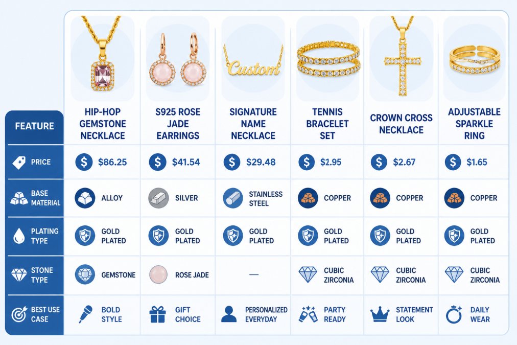 Feature comparison matrix of six gold plated accessories showing price, base material, plating type, stone type and best use case: Hip-Hop Gemstone Necklace $86.25 alloy, S925 Rose Jade Earrings $41.54 silver, Signature Name Necklace $29.48 stainless steel, Tennis Bracelet Set $1.95 copper, Crown Cross Necklace $2.67 copper, Adjustable Sparkle Ring $1.65