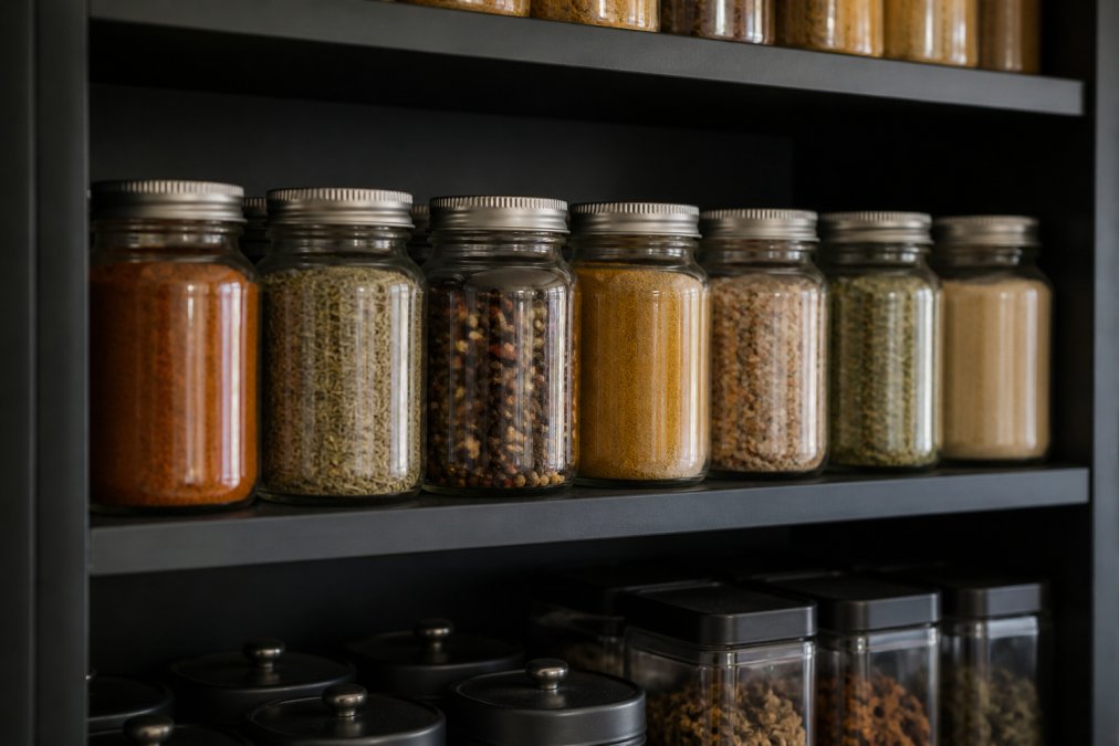 Organized collection of labeled spice jars and containers lined up on a cool, dark kitchen shelf away from direct sunlight, with visible seasoning blend labels and organized storage system