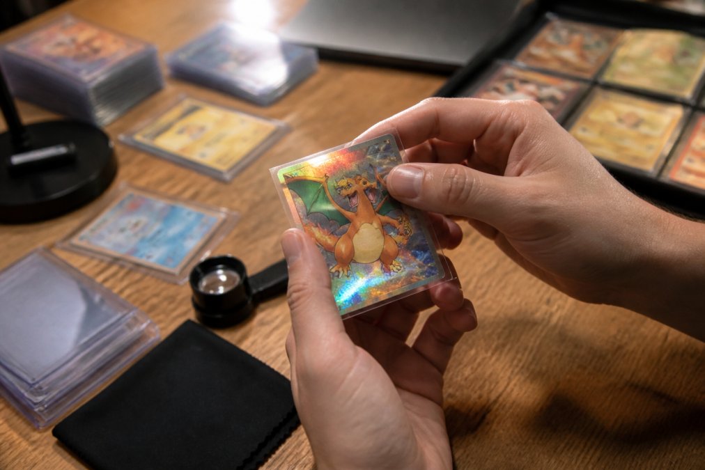 Close-up of hands holding a holographic Pokémon card under bright overhead lighting, examining the card's corners, edges, and surface for condition assessment
