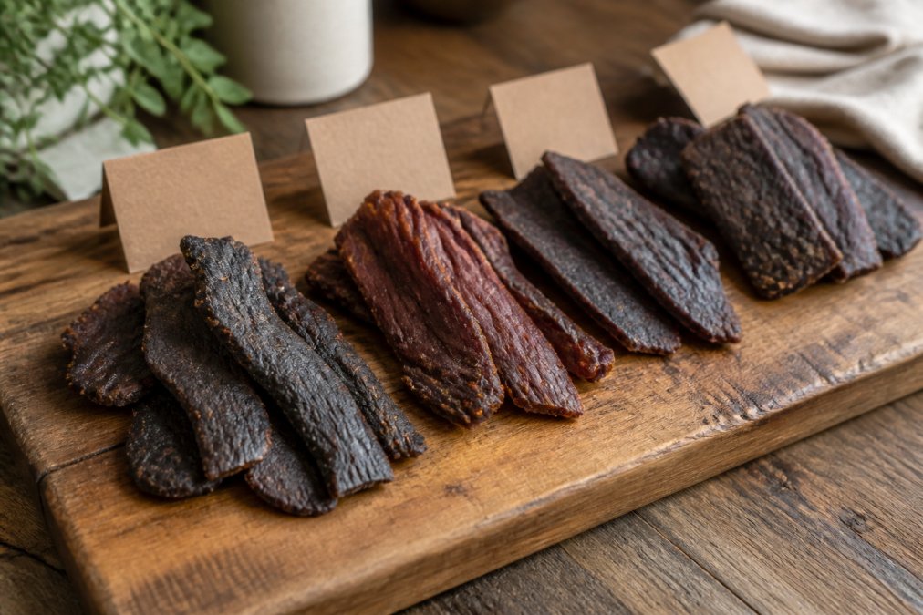Close-up of several thick strips of dark, richly colored grass-fed beef jerky arranged on a worn wooden cutting board, with small handwritten ingredient cards propped beside each strip under warm natural light