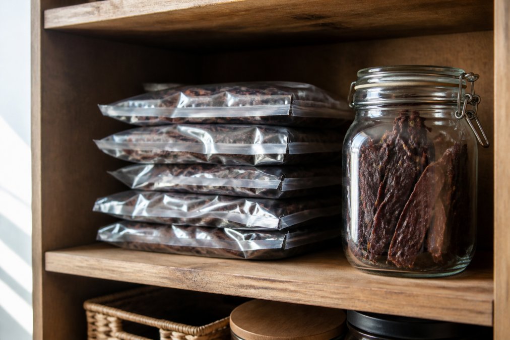 Multiple sealed bags of grass-fed beef jerky stacked neatly on a wooden pantry shelf next to a clear airtight glass jar containing loose jerky strips, warm natural light filtering from the left