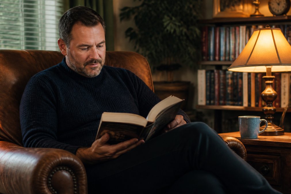 A reader relaxing in a worn armchair with an open paperback mystery novel, warm lamp light glowing, a coffee mug resting on the wooden side table beside them